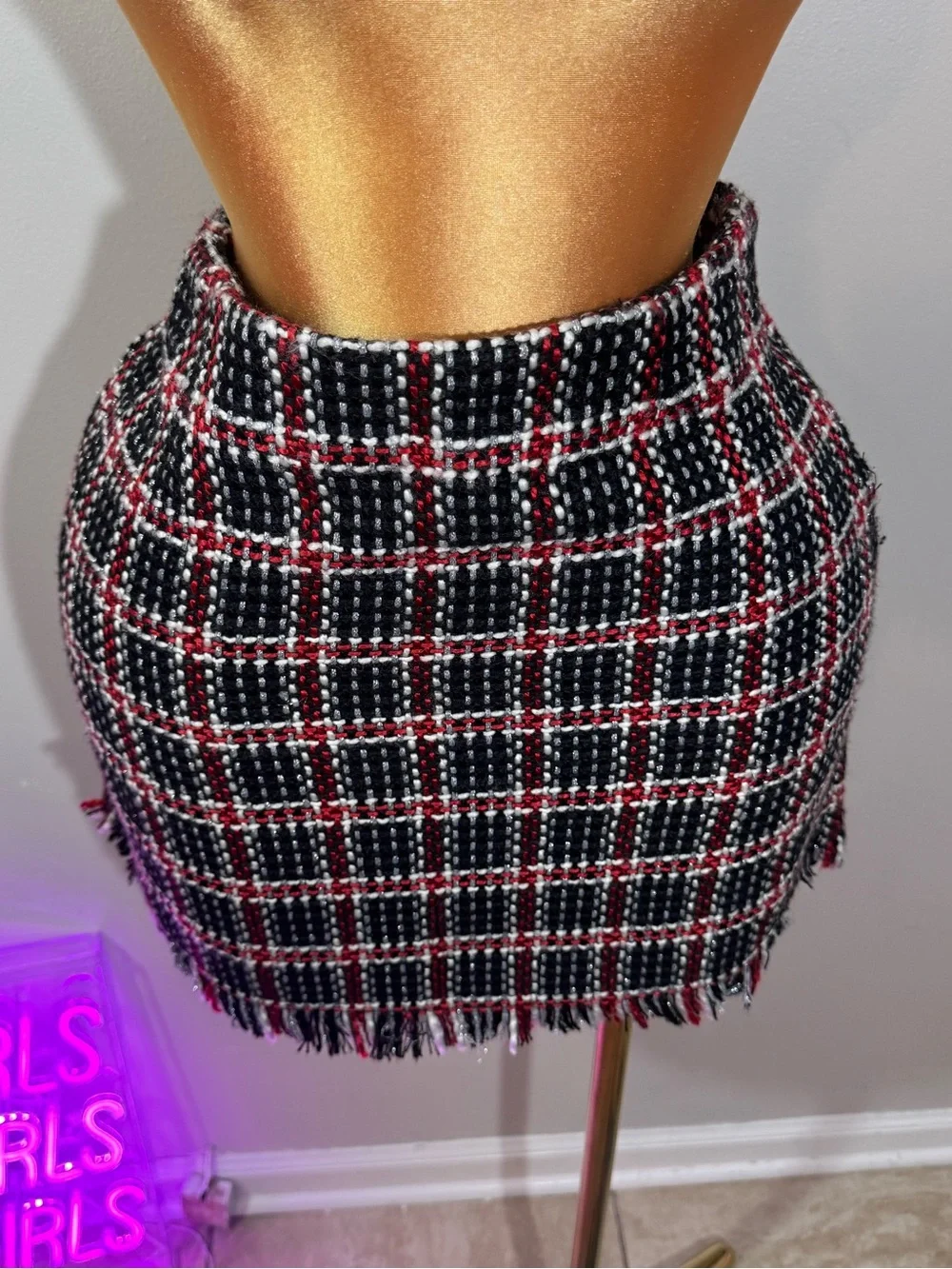 GB girls Black, Red & White Plaid Tweed Fringe Mini Skirt